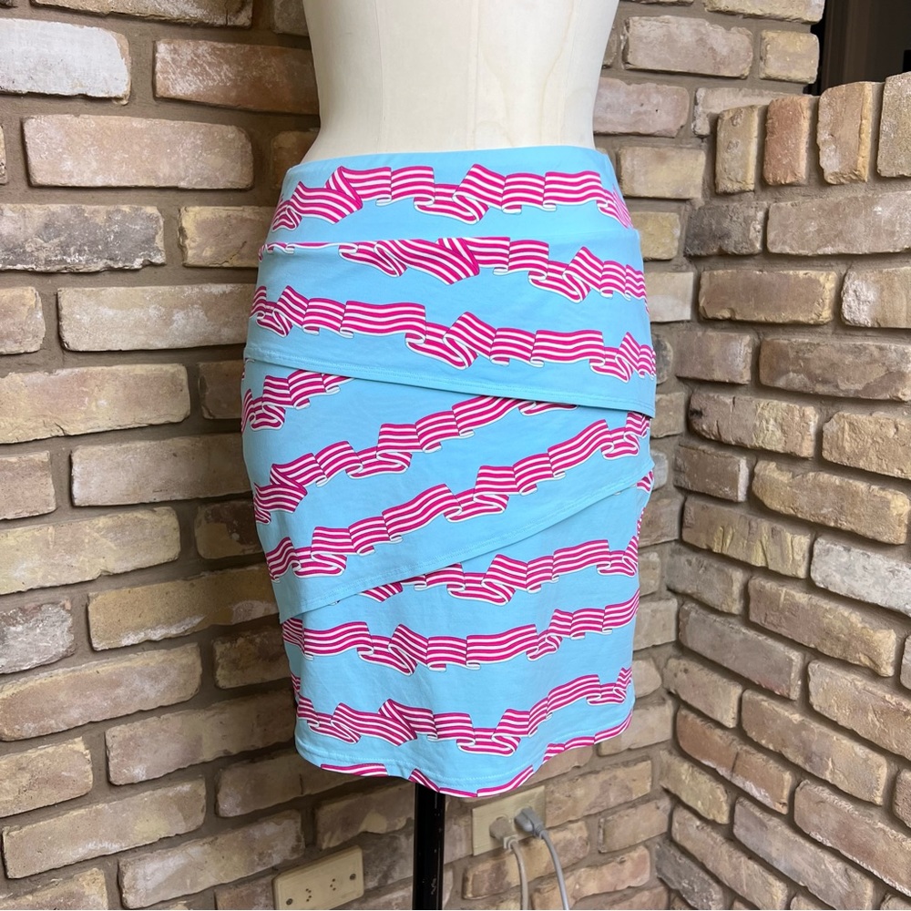 J MCLAUGHLIN blue ribbon print pull-on Nicola skirt
